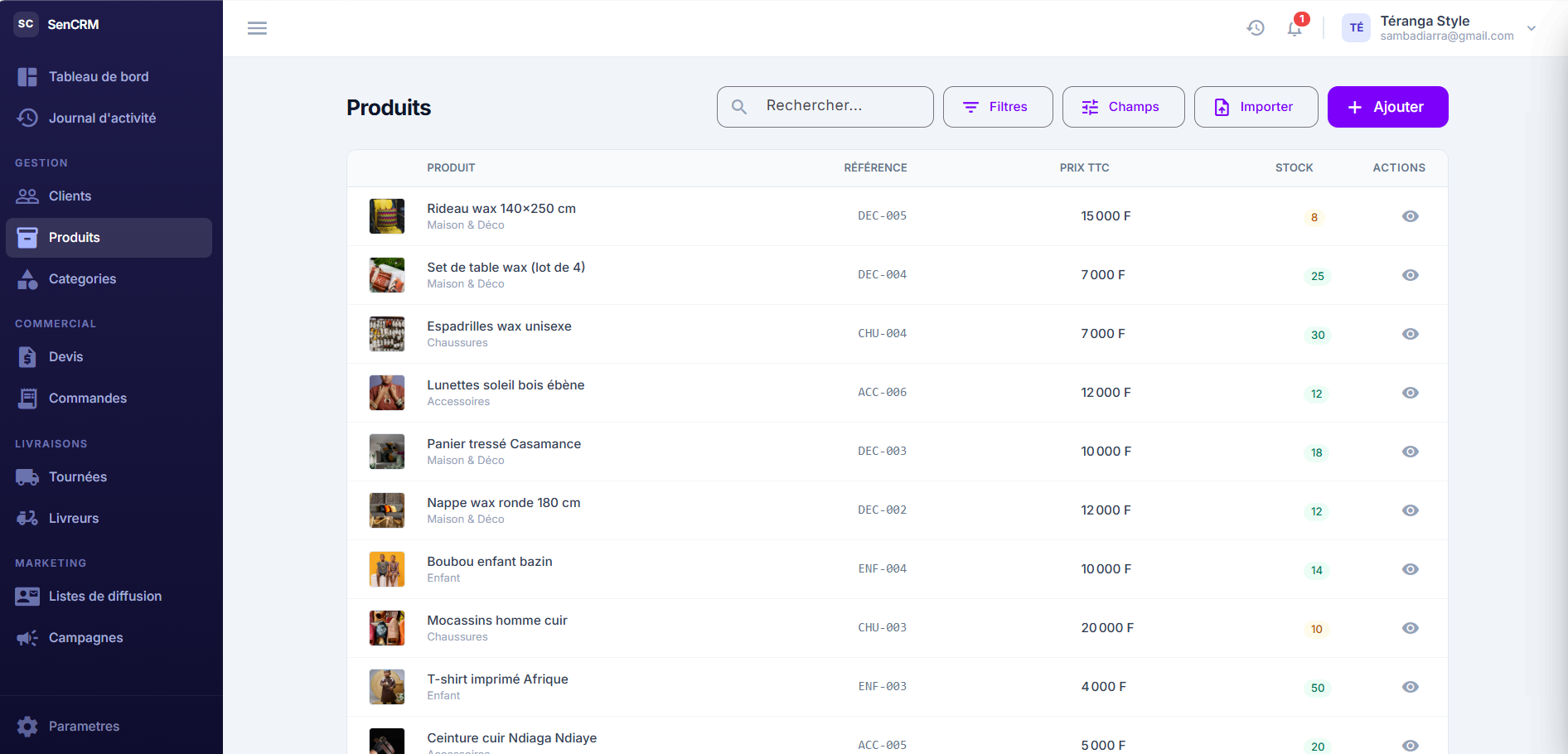 Liste des produits